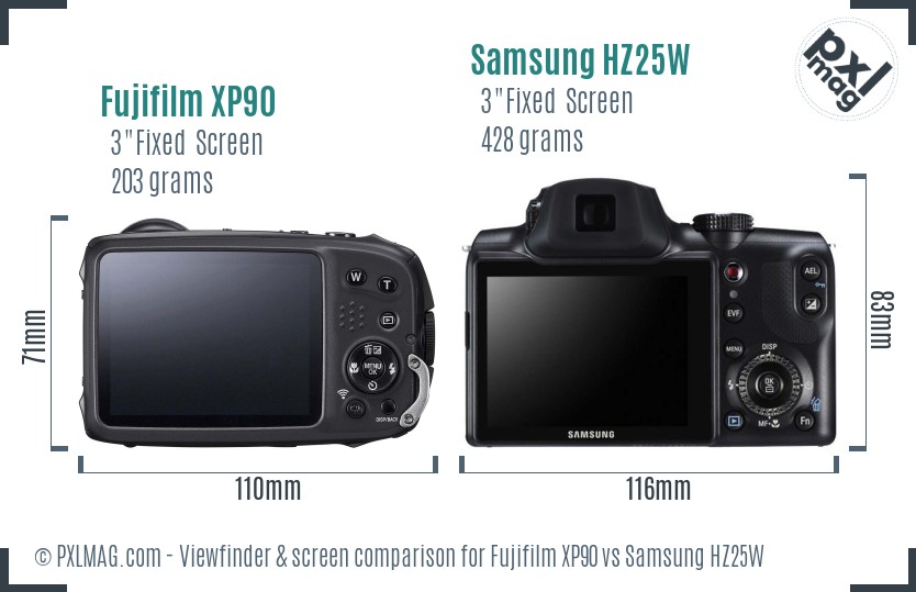 Fujifilm XP90 vs Samsung HZ25W Screen and Viewfinder comparison