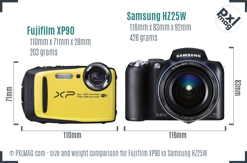 Fujifilm XP90 vs Samsung HZ25W size comparison