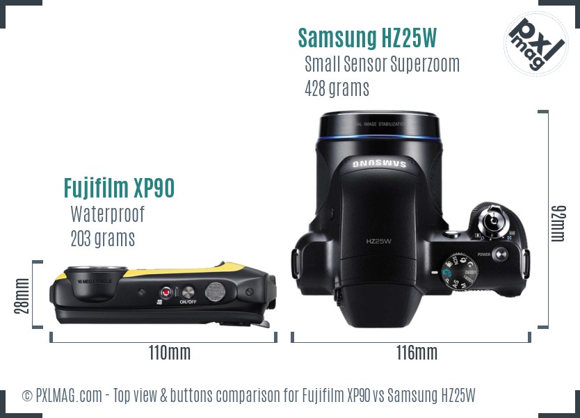 Fujifilm XP90 vs Samsung HZ25W top view buttons comparison