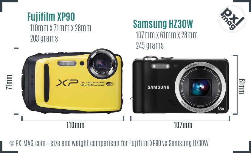 Fujifilm XP90 vs Samsung HZ30W size comparison