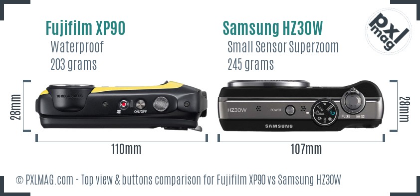 Fujifilm XP90 vs Samsung HZ30W top view buttons comparison