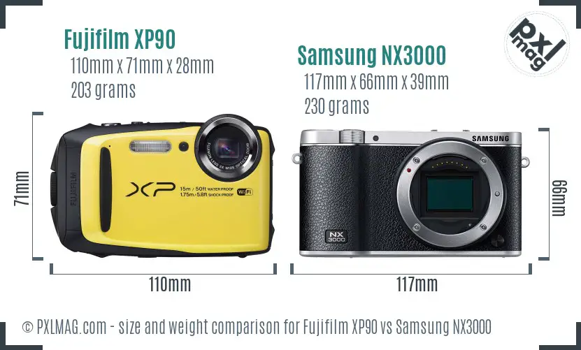 Fujifilm XP90 vs Samsung NX3000 size comparison