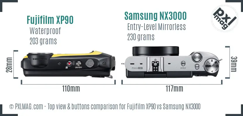 Fujifilm XP90 vs Samsung NX3000 top view buttons comparison