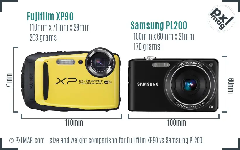 Fujifilm XP90 vs Samsung PL200 size comparison