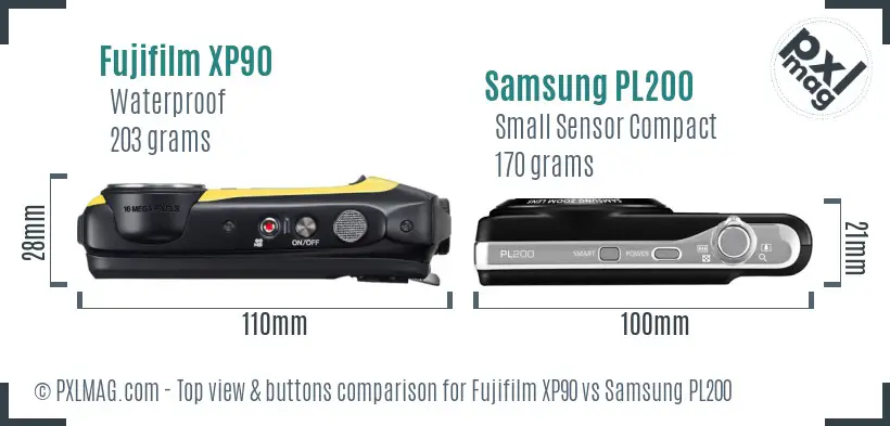 Fujifilm XP90 vs Samsung PL200 top view buttons comparison