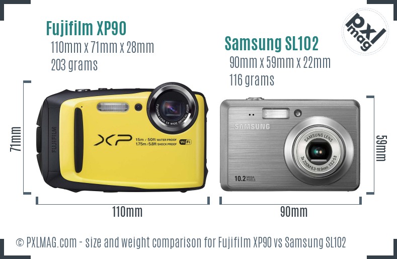 Fujifilm XP90 vs Samsung SL102 size comparison