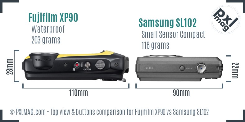 Fujifilm XP90 vs Samsung SL102 top view buttons comparison