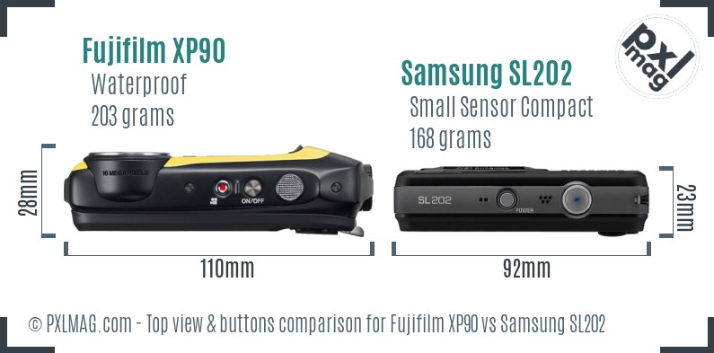 Fujifilm XP90 vs Samsung SL202 top view buttons comparison