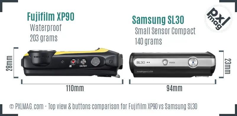 Fujifilm XP90 vs Samsung SL30 top view buttons comparison Fujifilm XP90 vs Samsung SL30 top view buttons comparison