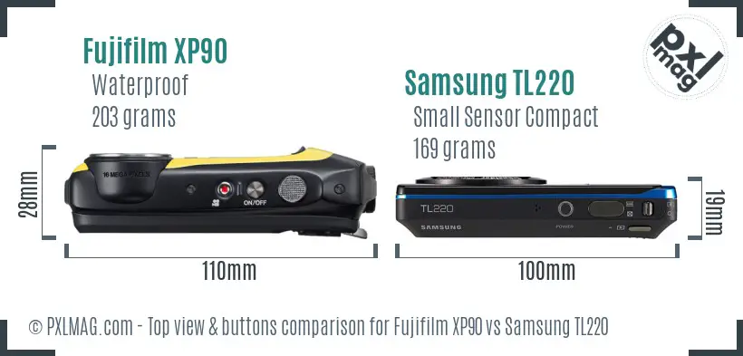 Fujifilm XP90 vs Samsung TL220 top view buttons comparison