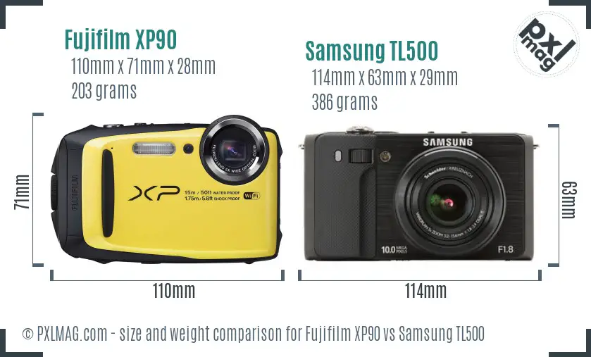 Fujifilm XP90 vs Samsung TL500 size comparison