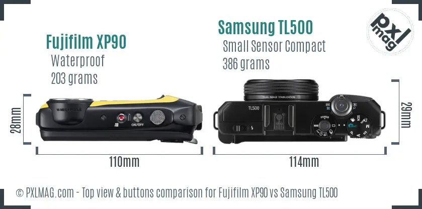 Fujifilm XP90 vs Samsung TL500 top view buttons comparison