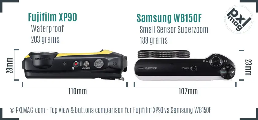 Fujifilm XP90 vs Samsung WB150F top view buttons comparison Fujifilm XP90 vs Samsung WB150F top view buttons comparison
