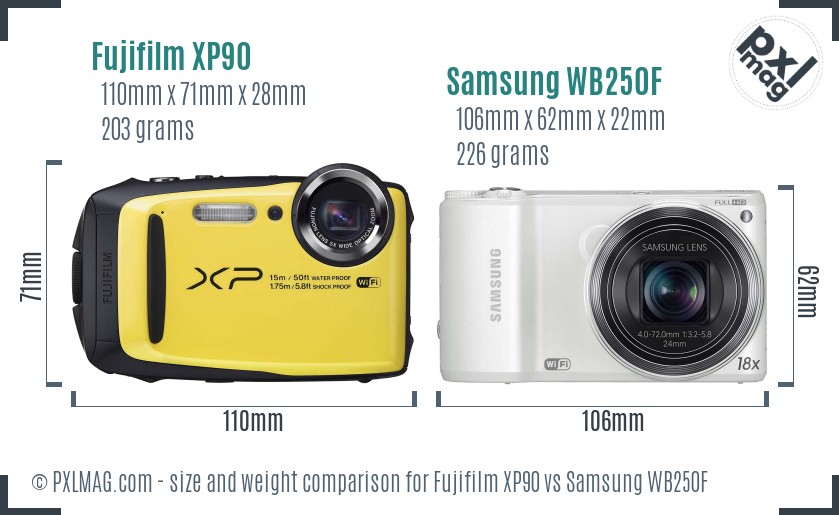 Fujifilm XP90 vs Samsung WB250F size comparison Fujifilm XP90 vs Samsung WB250F size comparison