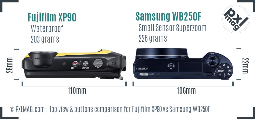 Fujifilm XP90 vs Samsung WB250F top view buttons comparison