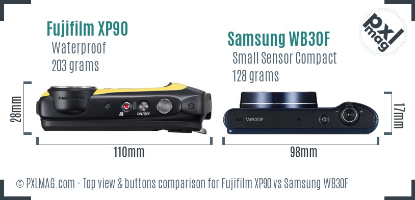 Fujifilm XP90 vs Samsung WB30F top view buttons comparison
