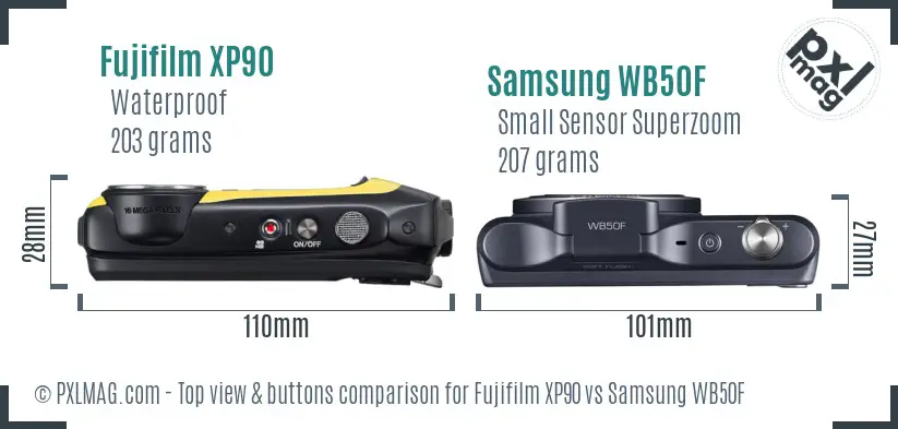 Fujifilm XP90 vs Samsung WB50F top view buttons comparison
