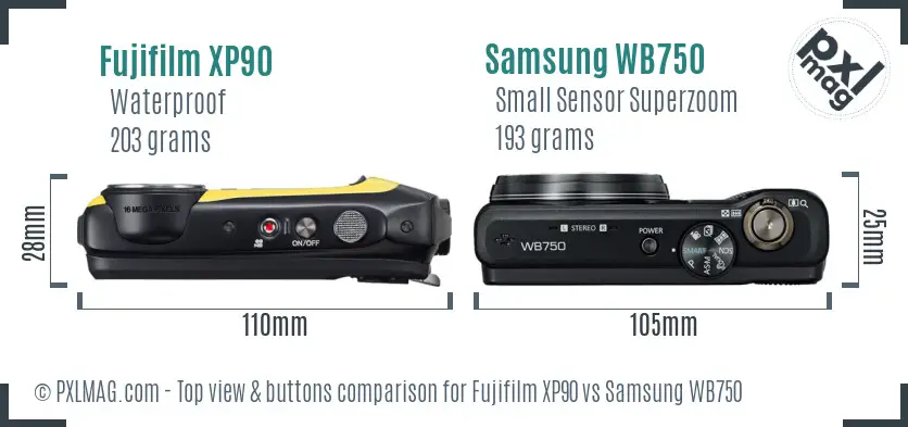 Fujifilm XP90 vs Samsung WB750 top view buttons comparison