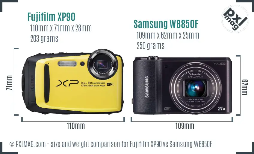 Fujifilm XP90 vs Samsung WB850F size comparison Fujifilm XP90 vs Samsung WB850F size comparison