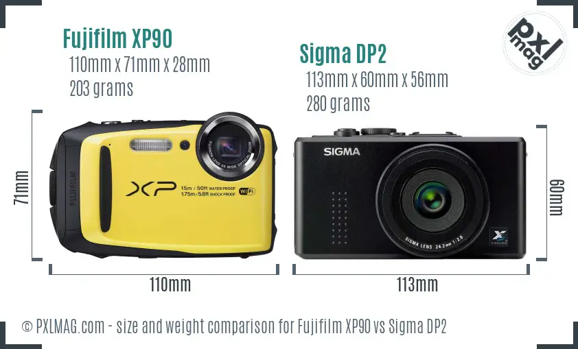 Fujifilm XP90 vs Sigma DP2 size comparison