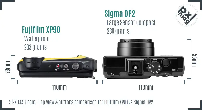 Fujifilm XP90 vs Sigma DP2 top view buttons comparison
