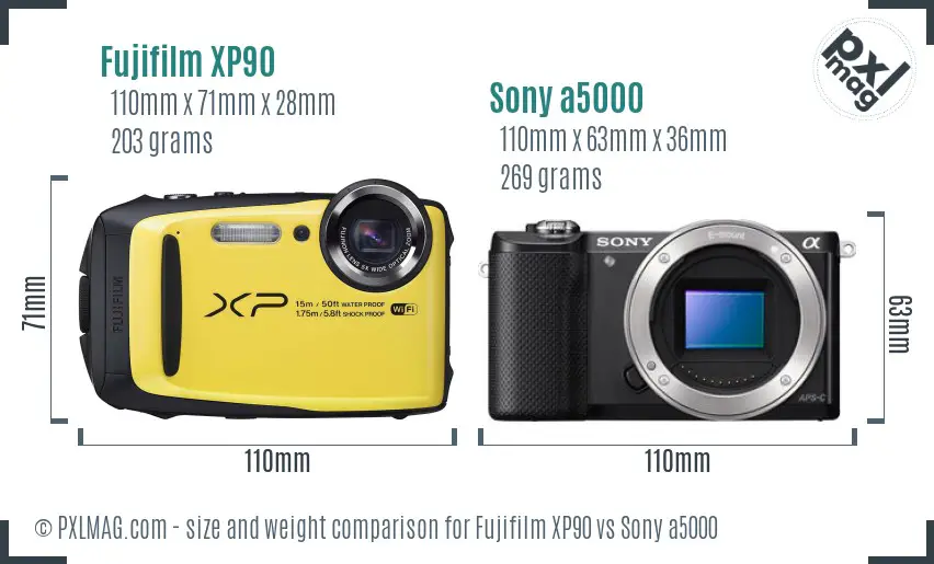 Fujifilm XP90 vs Sony a5000 size comparison