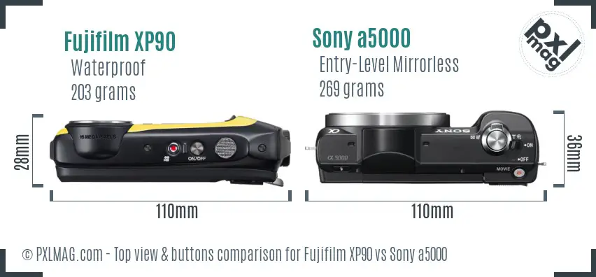 Fujifilm XP90 vs Sony a5000 top view buttons comparison
