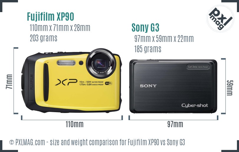 Fujifilm XP90 vs Sony G3 size comparison