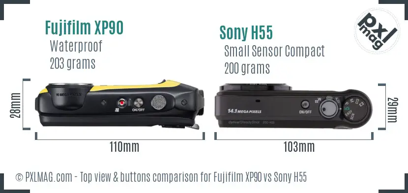 Fujifilm XP90 vs Sony H55 top view buttons comparison Fujifilm XP90 vs Sony H55 top view buttons comparison