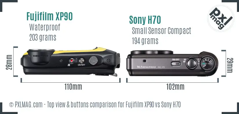 Fujifilm XP90 vs Sony H70 top view buttons comparison Fujifilm XP90 vs Sony H70 top view buttons comparison