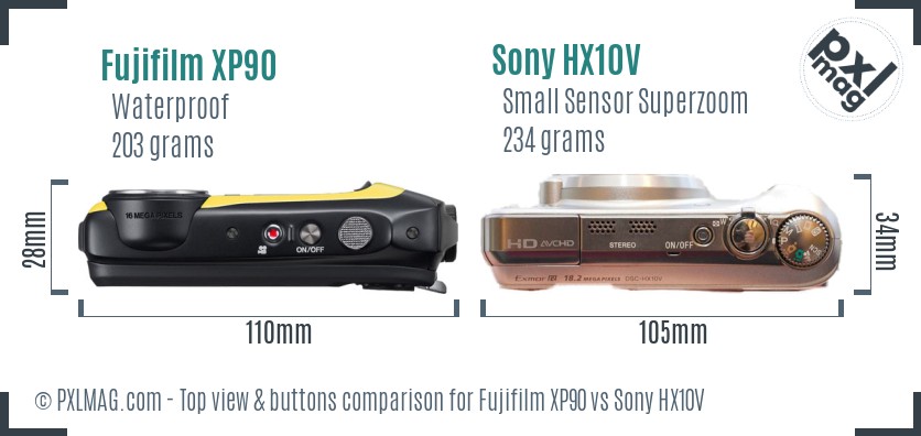 Fujifilm XP90 vs Sony HX10V top view buttons comparison