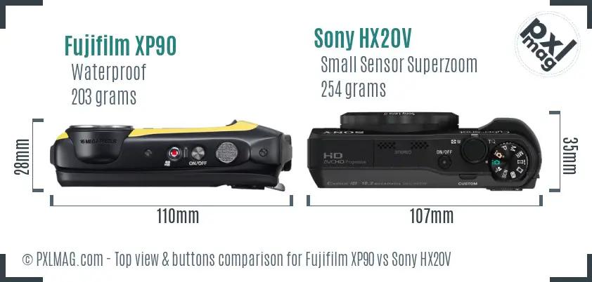 Fujifilm XP90 vs Sony HX20V top view buttons comparison Fujifilm XP90 vs Sony HX20V top view buttons comparison