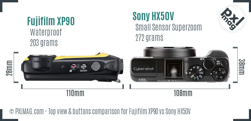 Fujifilm XP90 vs Sony HX50V top view buttons comparison