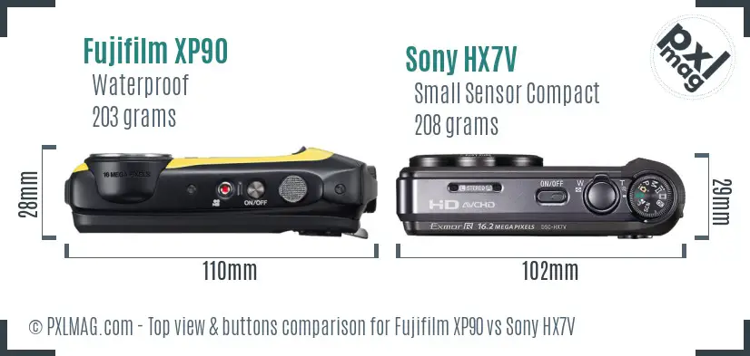 Fujifilm XP90 vs Sony HX7V top view buttons comparison