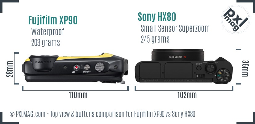 Fujifilm XP90 vs Sony HX80 top view buttons comparison