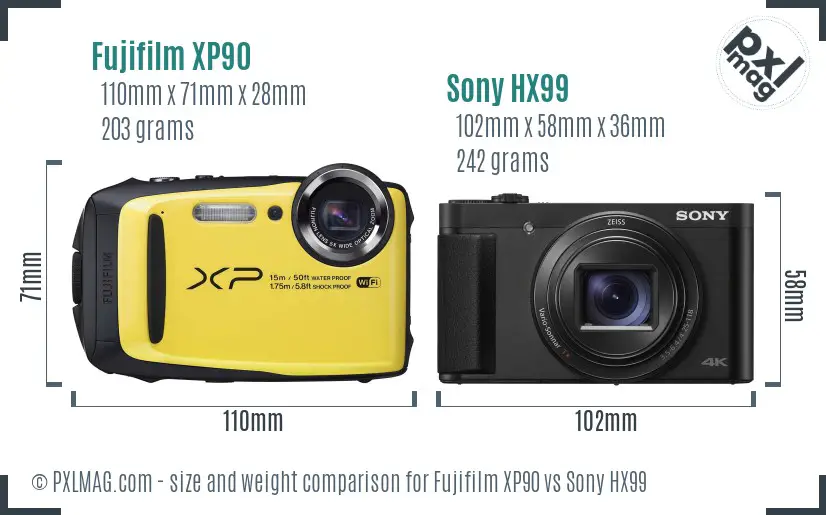Fujifilm XP90 vs Sony HX99 size comparison
