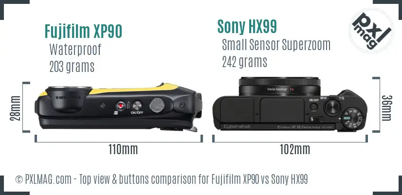 Fujifilm XP90 vs Sony HX99 top view buttons comparison