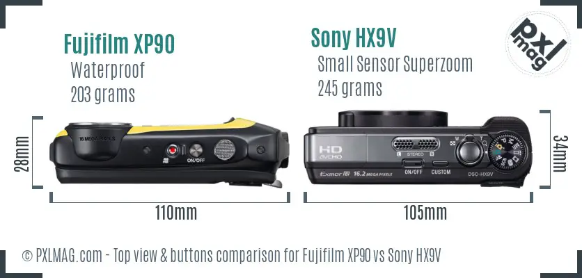 Fujifilm XP90 vs Sony HX9V top view buttons comparison