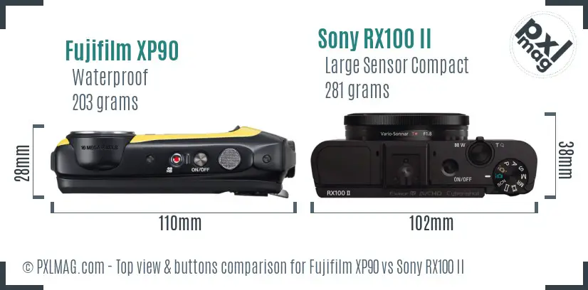 Fujifilm XP90 vs Sony RX100 II top view buttons comparison
