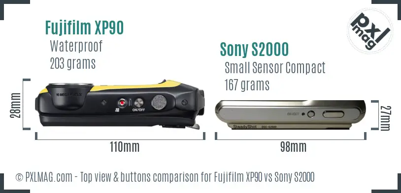 Fujifilm XP90 vs Sony S2000 top view buttons comparison