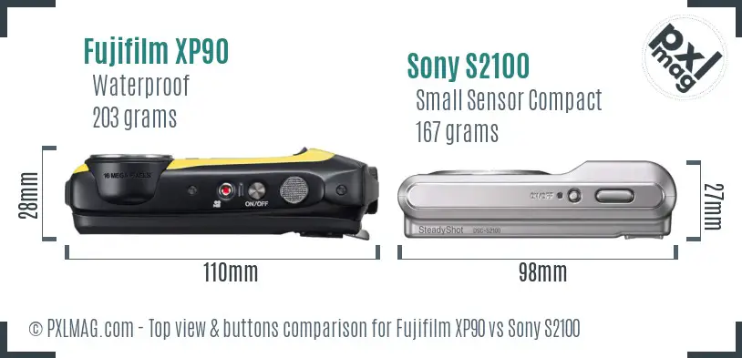 Fujifilm XP90 vs Sony S2100 top view buttons comparison