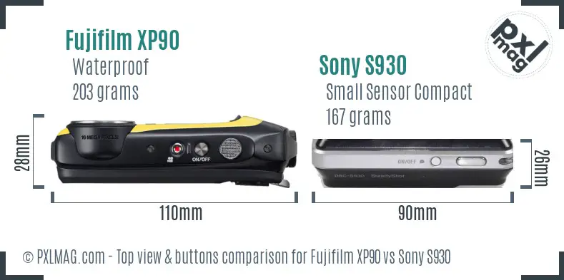 Fujifilm XP90 vs Sony S930 top view buttons comparison Fujifilm XP90 vs Sony S930 top view buttons comparison