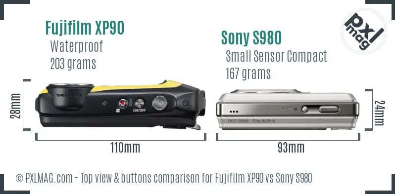 Fujifilm XP90 vs Sony S980 top view buttons comparison