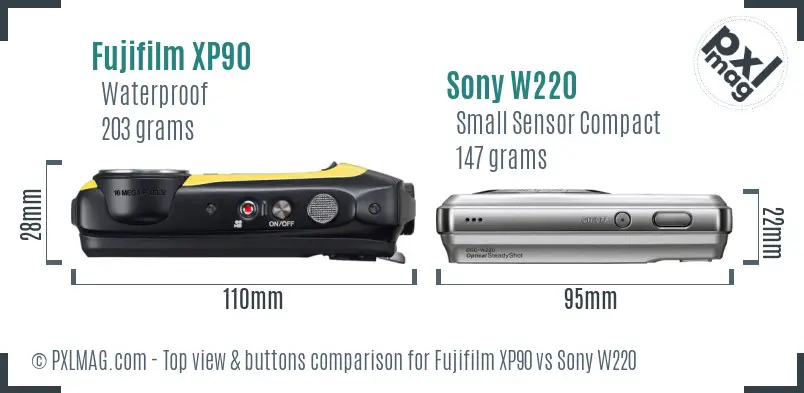 Fujifilm XP90 vs Sony W220 top view buttons comparison