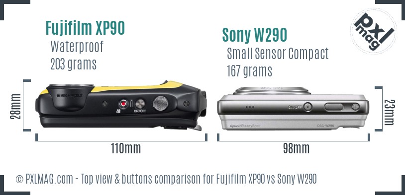 Fujifilm XP90 vs Sony W290 top view buttons comparison
