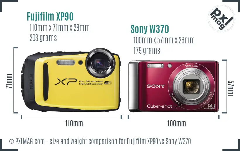 Fujifilm XP90 vs Sony W370 size comparison