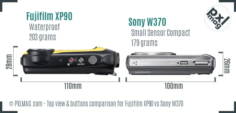 Fujifilm XP90 vs Sony W370 top view buttons comparison