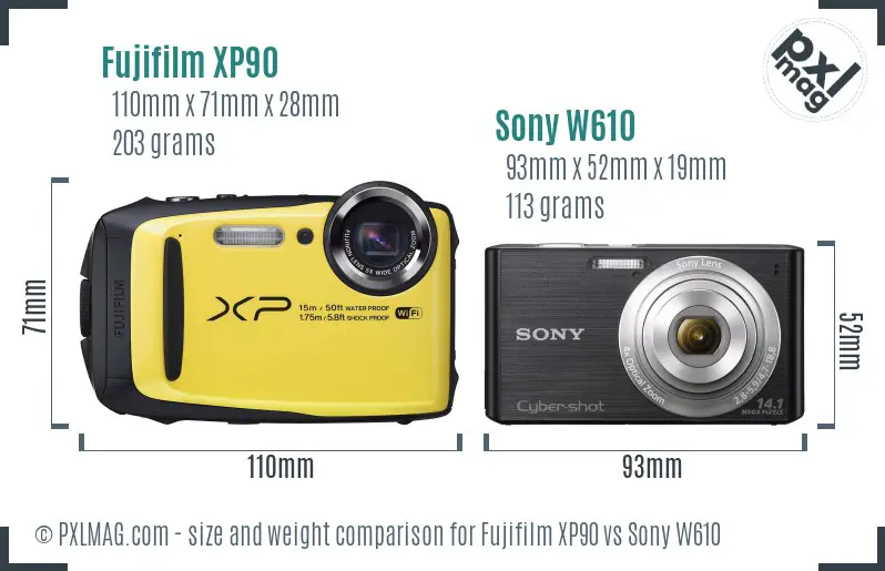 Fujifilm XP90 vs Sony W610 size comparison Fujifilm XP90 vs Sony W610 size comparison