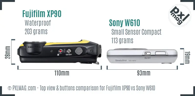 Fujifilm XP90 vs Sony W610 top view buttons comparison
