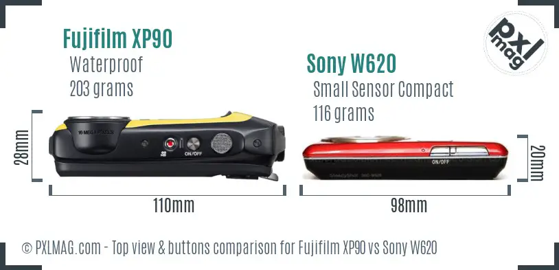 Fujifilm XP90 vs Sony W620 top view buttons comparison